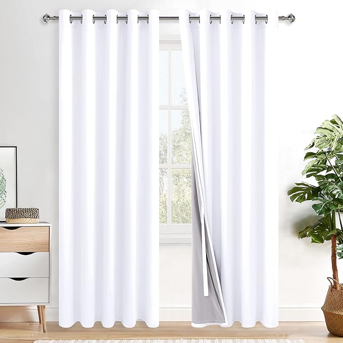 XWZO Total Blackout Curtains 84 Inches Long - Double Layer Full Room Darkening & Energy Efficiency Grommet Extra Wide Window Panels with Tiebacks, White, W60 x L84, Set of 2