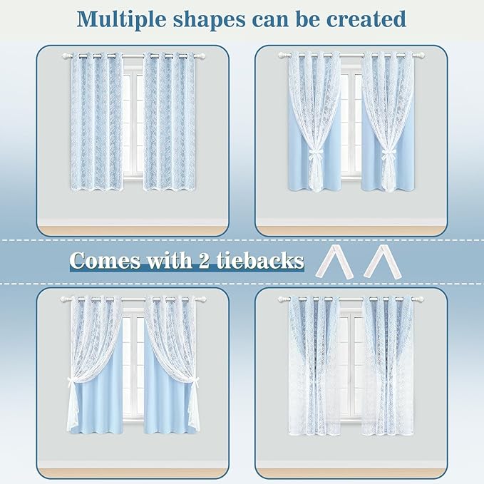 Yinhua Double Layer Blackout Curtains for Bedroom Blue Curtains for Living Room 84 Inch Length 2 Panels Set Kid Curtain with Tiebacks, Grommet Drapes with Floral Sheer Overlay, 52" W x 63" L