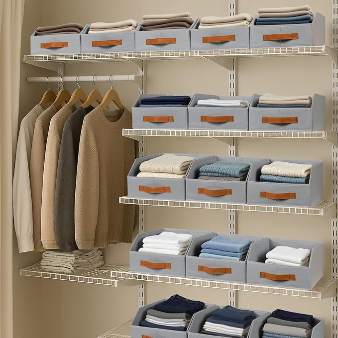 Fabric Storage Bins for Organizing - 10 Pack Large Trapezoid Collapsible Storage Bins with Front Handle, Closet Organizers and Storage for Bedroom, Home Shelves, Small Spaces, Grey