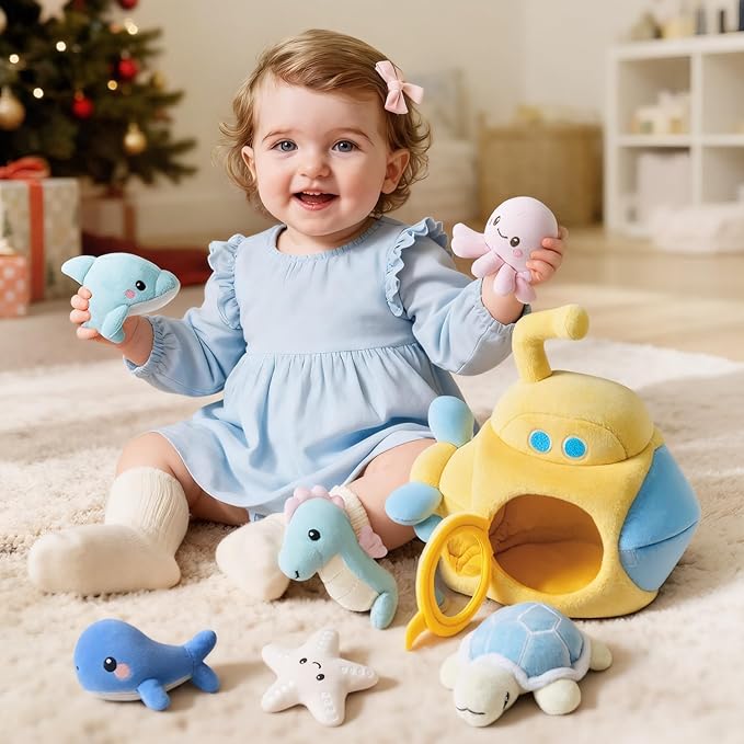 Submarine & Ocean Animals Baby Toys 6-12 Month, Sensory Toy Set with Whale, Dolphin, Starfish, Octopus, Turtle, Seahorse, Soft Montessori Toys for Infants 0-3