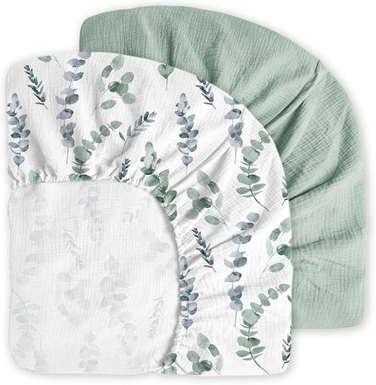 Little Grape Land Muslin Crib Sheets Fitted for Boys and Girls 2 Pack, 100% Cotton Baby Bed Sheets Soft Breathable, Neutral Fitted Baby Mattress Sheets for Standard Crib 52x28 inches, Green Leaves