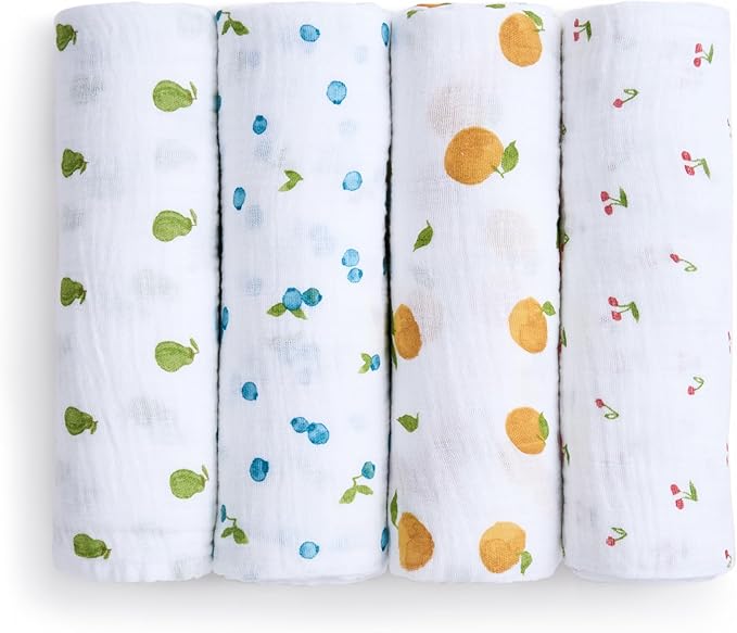 aden + anais Boutique Organic Swaddle Blanket 4-Pack – 100% Organic Cotton Muslin, Large, Soft, Breathable Receiving Blankets for Infants – Lightweight Multi-Use Baby Swaddles, Fresh Fruit