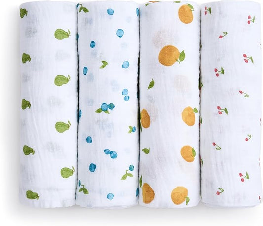aden + anais Boutique Organic Swaddle Blanket 4-Pack – 100% Organic Cotton Muslin, Large, Soft, Breathable Receiving Blankets for Infants – Lightweight Multi-Use Baby Swaddles, Fresh Fruit