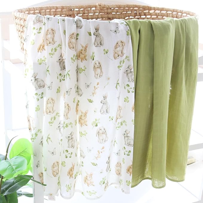 LifeTree Baby Swaddle Blankets, Boys Girls Muslin Swaddling Wrap Receiving Blanket for Newborn, 70% Viscose from Bamboo and 30% Cotton, Large 47" x 47", Rabbit and Grass Green Pattern