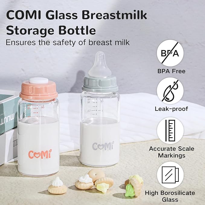 COMI Natural Glass Baby Bottle,Standard Neck Breastmilk Storage Bottle for Fridge,Breast Milk Container,Breast Pump Bottle Compatible with Medela Breast Pump,BPA Free,4PCS(5oz,4 Pink Lids)