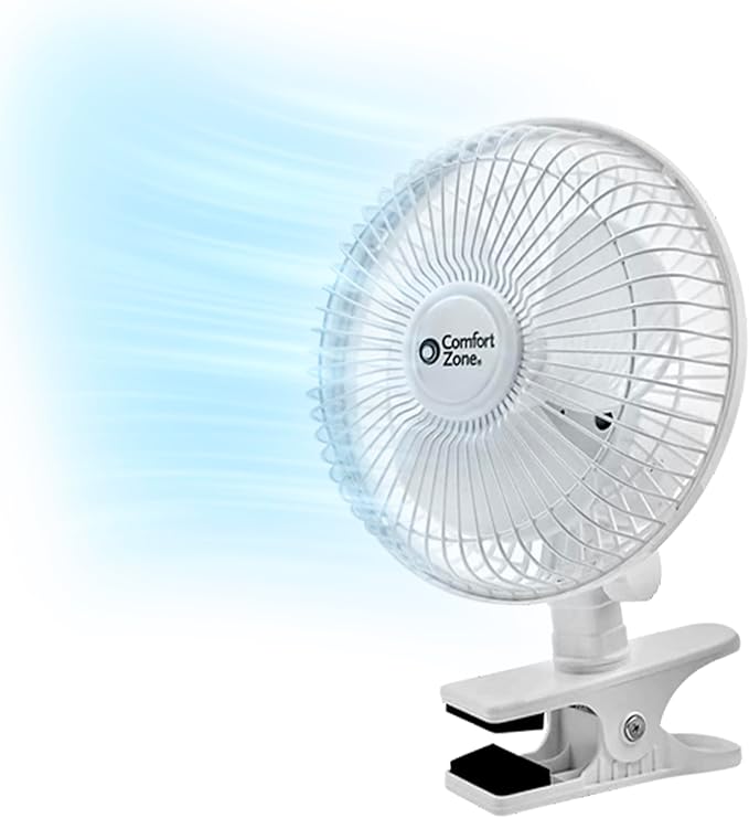 Comfort Zone Portable Clip on Fan with Fully Adjustable Tilt, Electric, 6 inch, Quiet, Indoor, 2 Speed, Mini Desk Fan, Table Fan, Airflow 6.53 ft/sec, Ideal for Home, Bedroom, Dorm & Office, CZ6C