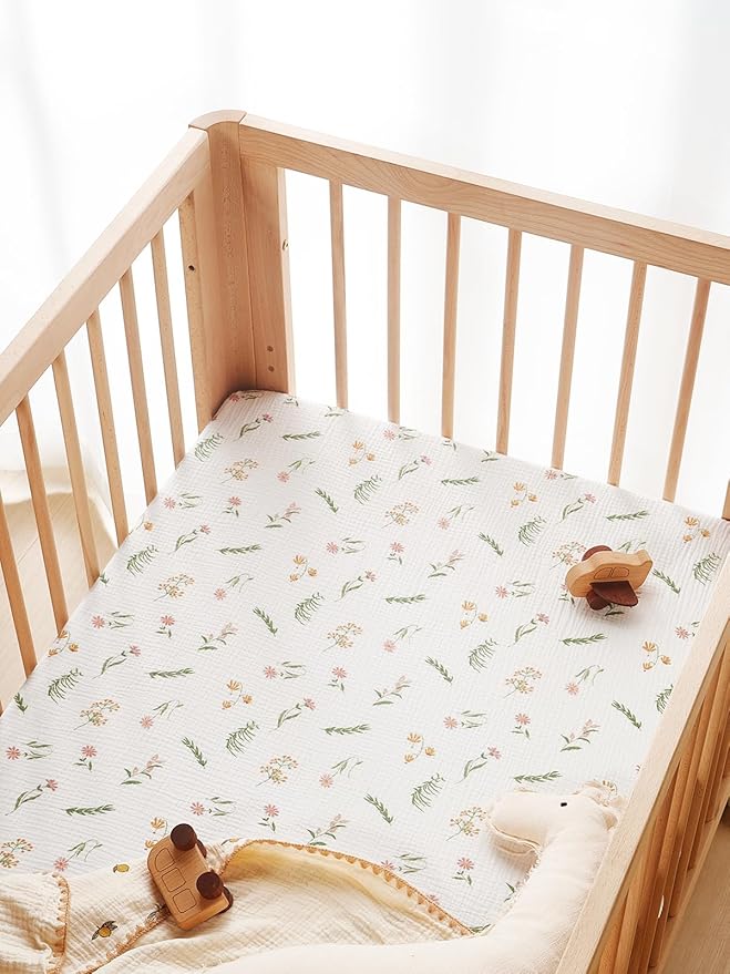 TILLYOU 2 Pack Muslin Crib Sheets for Boys and Girls, 100% Cotton Fitted Crib Sheet for Toddler 52"x28" Standard Crib Mattress, Daisy