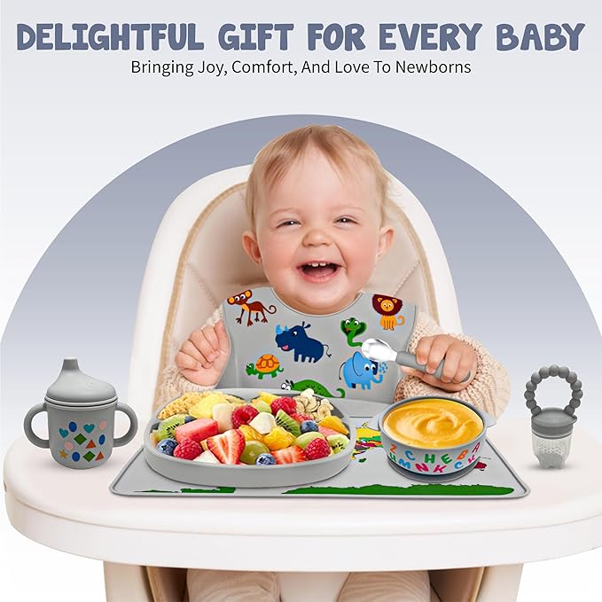 Tots and Thoughts 16-Piece Silicone Baby Feeding Set – Educational – Baby Led Weaning Supplies – BPA-Free – Placemat, Suction Plate, Bowl, Bib, Sippy Cup, Spoons, Forks – Microwave/Dishwasher Safe