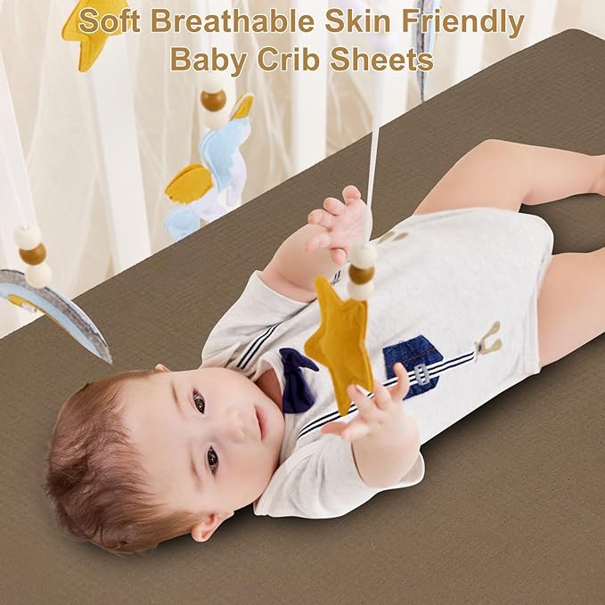 PET REJOIR Muslin Mini Crib Sheets for Girls & Boys-2 Pack 24"x 38" Soft Baby Mattress Sheets Fitted-No Slip Neutral Toddler Cotton Bedding-Nursery Décor Taupe Brown & Light Beige