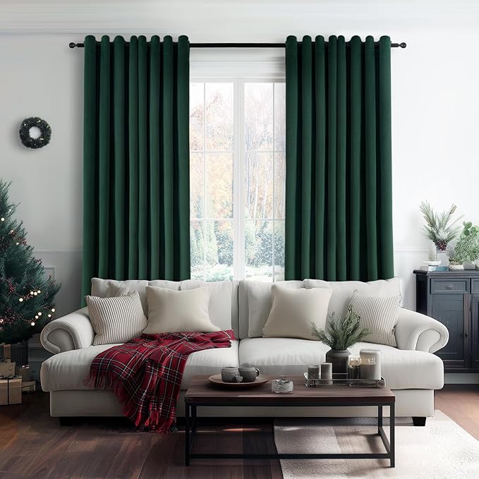 Topfinel Dark Green Velvet 84 Inches Curtains 2 Panels Modern Boho Luxury Room Darkening Thermal Insulated Grommet Drapes for Living Room Bedroom Christmas Green Winter Season Holiday Decor W52 x L84