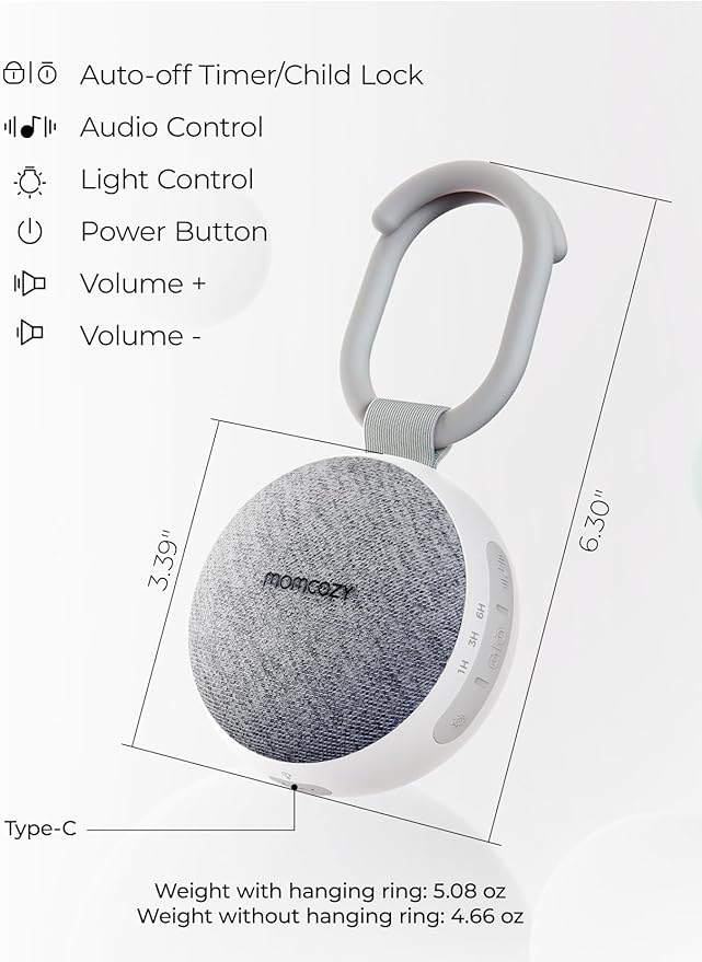 Momcozy Portable Sound Machine with Night Light, White Noise Sound Machine for Baby, 20 Soothing Sounds, Sound Therapy, Long-Lasting Power, Timer, Clips on Stroller, Grey