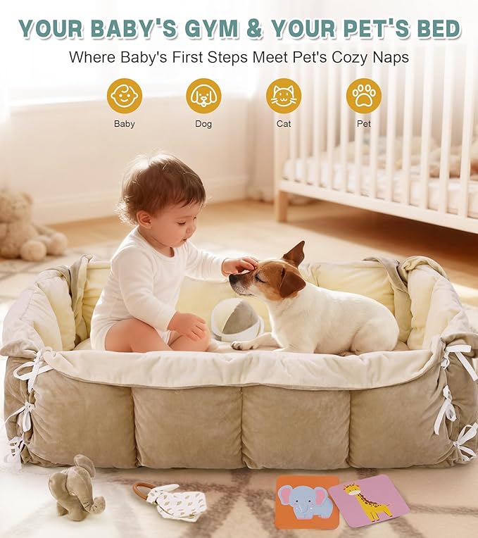 5-in-1 Baby Play Gym and Tummy Time Mat, Tummy Time Pillow & 12 Learning Cards, Plush Activity Mat with 6 Toys, Baby Gym, Convertible to Ball Pit, Cream