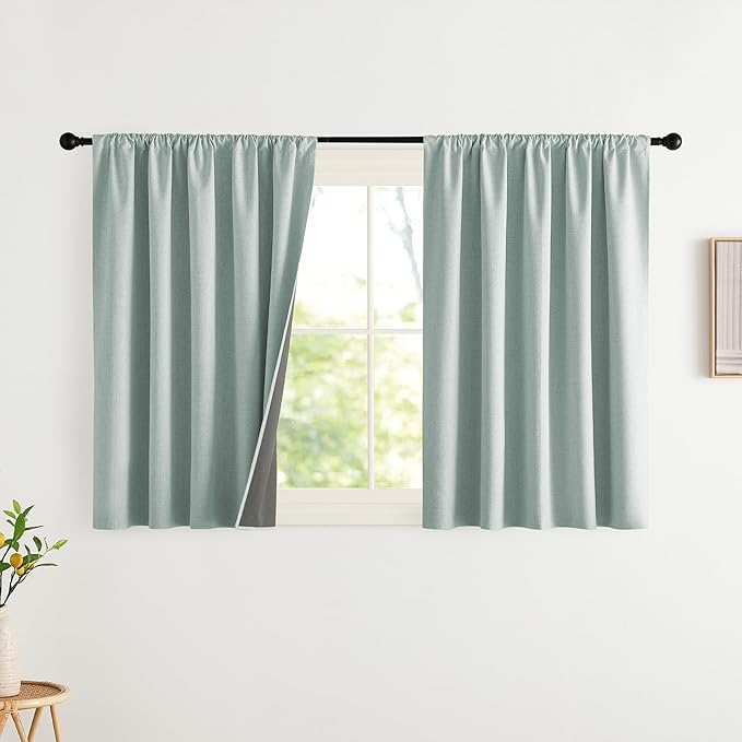 NICETOWN 2 Panels Seafoam Green Linen 100% Blackout Curtains for Living Bedroom 42 x 36 Inch Rod Pocket Style, Thermal Insulated & Light Blocking Drapes, Modern Farmhouse Window Treatment for Nursery