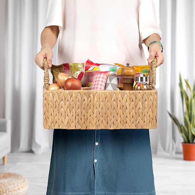 Divided Water Hyacinth Baskets with Handles, Storage Basket Woven Natural for Organizing Bathroom Kitchen Shelves Office Supplies Organization, Wicker Storage Baskets 4 Section Rectangular Tray