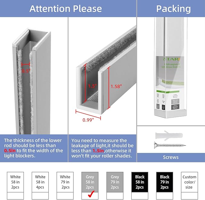 ZSTARR U Channel Aluminium Alloy Light Blocking Strips for Roller Blinds Light Gap Blockers Window Shades Side Rail Tracks Bedroom Sleep Nursery (Grey,58",2Pcs)