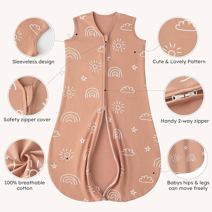 Yoofoss Baby Sleep Sack 0-6 Months 0.5 TOG Baby Wearable Blanket, 100% Organic Cotton Infant Toddler Sleeping Sack 2-Way Zipper Lightweight Sleep Sack, Grizzly