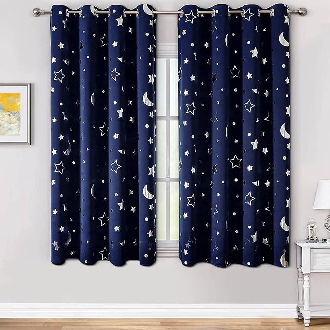 WUBODTI Boys Curtains Navy Blue 100% Blackout Star Curtains Cute Space Themed Thermal Insulated Room Darkening Blackout Short Drapes for Kids Room Nursery Boys Bedroom(W52 x L63, 2 Panels)