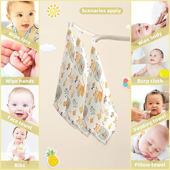 vvfelixl Baby Muslin Washcloths Cat Watch Fish Tank Baby Burp Cloths Cotton Babys Face Towel for Newborn Infants Boys Girls Soft and Absorbent 11.8 X 11.8 in, 3 Pack