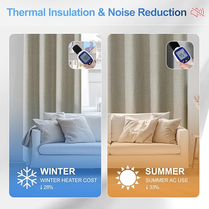 Linen 100% Blackout Curtains for Bedroom, Blackout Curtains 63 Inch Length, Room Darkening Curtains for Living Room, Long Curtain Grommets Drapes, Thermal Curtains(2 Panels, Natural)