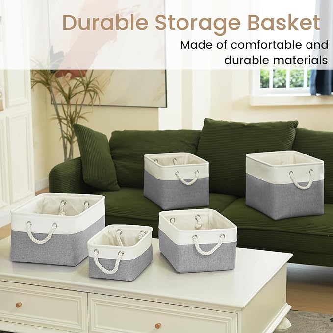 Large Storage Baskets- 15.7x11.8x8.26 inch Storage Bins for Shelves and Closet Organizing, Foldable Fabric Bin for Home Organization Clothes and Laundry (3-Pack, White&Grey)