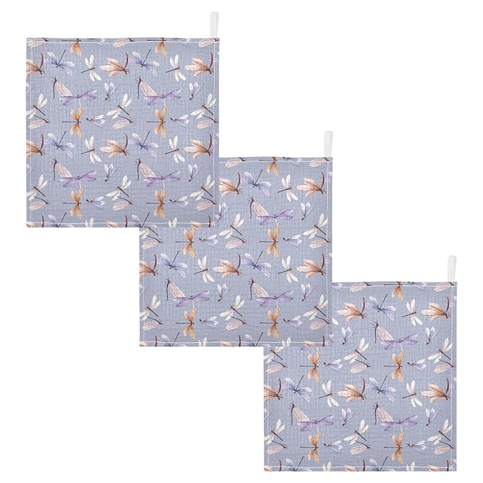 Baby Washcloths Cotton Dragonfly Baby Muslin Washcloths Soft Baby Face Towel for Newborn Infants Baby Wipes, 11.8 X 11.8 Inch, 3 Pack Lilac