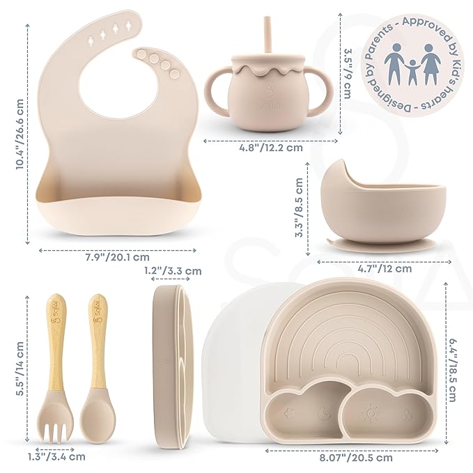 SofiAl All In One Silicone Feeding Set - Safe for 6-12 Months - Non-Toxic Baby Led Weaning Supplies - Toddler Self Feeding Utensils - BPA-Free - Mess Free Essentials