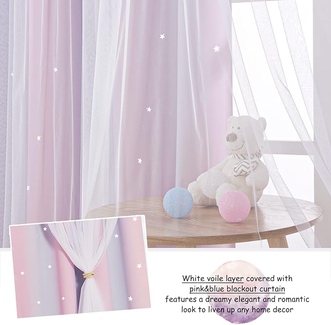 NICETOWN Nursery Room Darkening Rainbow Curtains for Bedroom Hollow-Out Star Window Drapes Curtain 84 inches Length for Living Room (Pink Purple, W52 X L84, 1 Pair)