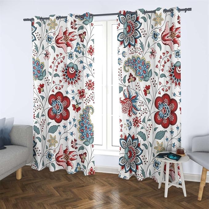 Renaiss Boho Floral Blackout Curtains, Bohemian Flower Plant Print Thermal Insulated Bedroom Window Curtains, Botanical Art Window Curtains for Kitchen, 55" L x 29" W 2 Panel Set