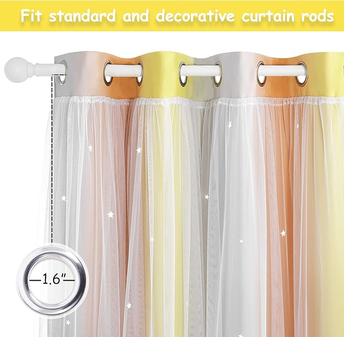 NICETOWN 2 Panels Star Blackout Curtains for Kids Girls Bedroom Aesthetic Living Room Colorful Double Layer Cut Out Rainbow Window Home Decoration Curtain, Yellow & Orange & Grey, W52 x L84