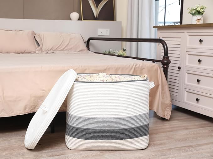22"x14"x18" Rectangular Extra Large Storage Basket With Lid, Large Cotton Rope Storage Basket, Woven Laundry Hamper, Cloth Storage Bin, for Clothes Towels Blankets in Living Room, Double Graded Grey