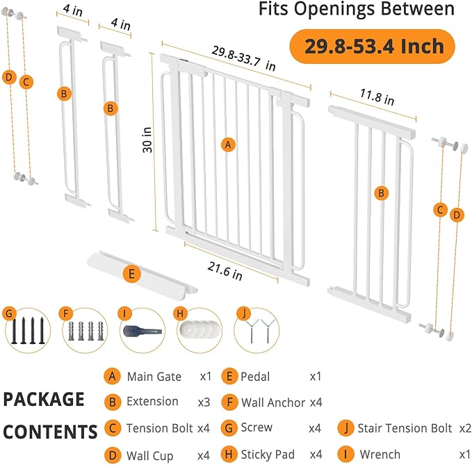 Wide Baby Gate for Stairs 29.8-53.4 Inch Pressure Mounted, Auto Close Child Baby Gates for Doorways No Drill, Walk Through Dog Gate Indoor for The House, White