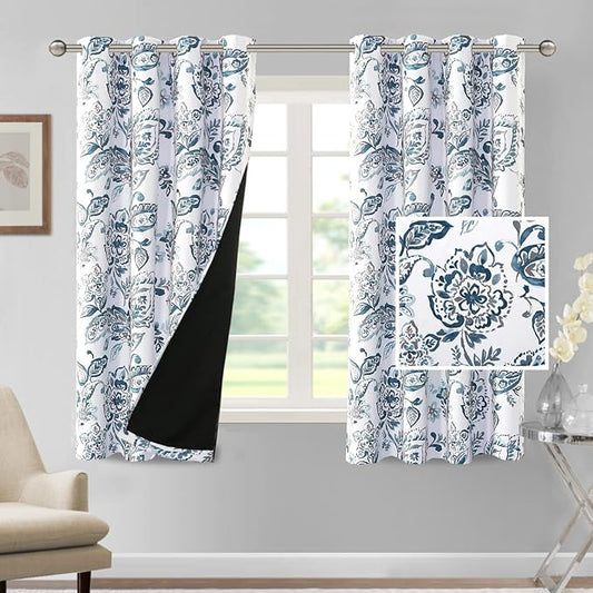 H.VERSAILTEX 100% Blackout Curtains for Bedroom Paisley Floral Printed Curtains 63 Inches Long Grommet Curtains & Drapes Thermal Curtains Window Treatments with Black Liner 2 Panels, Stone Blue