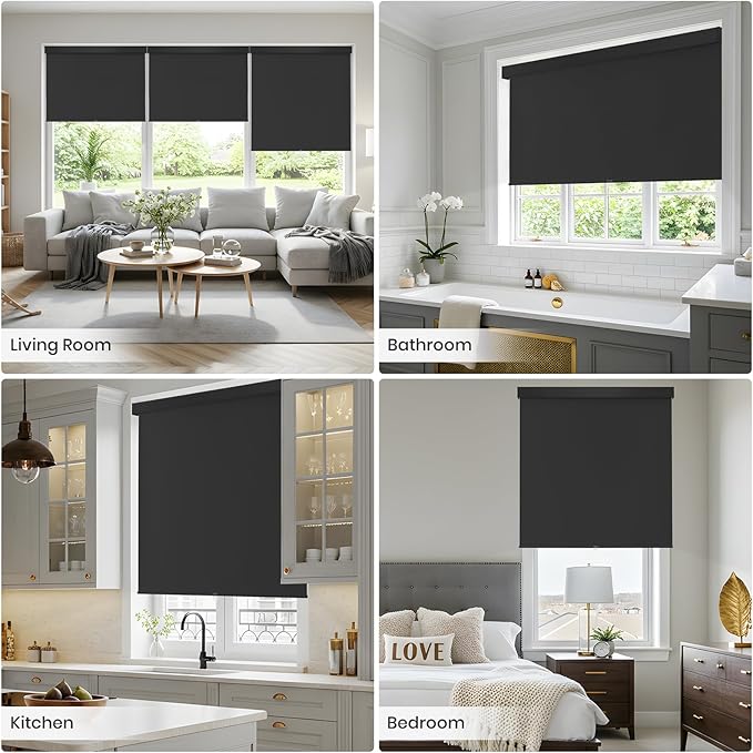 Blackout Cordless Roller Shades Blinds for Windows,Free-Stop Window Shades Pull Down,Blackout Blinds for Indoor Windows,Home,Office,Thermal Insulated Fabric, UV Protection,Black,28" W x 72" H