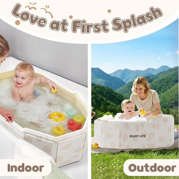 Collapsible Baby Bathtub for Shower, Portable Foldable Toddler Bath Tub with Non-Slip Base, Compact Travel Essentials for Kids & Infants, Easy Storage in Small Spaces, White