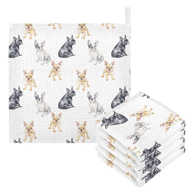 Baby Washcloths Cotton Pets French Bulldog Baby Muslin Washcloths Soft Baby Face Towel for Newborn Infants Baby Wipes, 11.8 X 11.8 Inch, 5 Pack