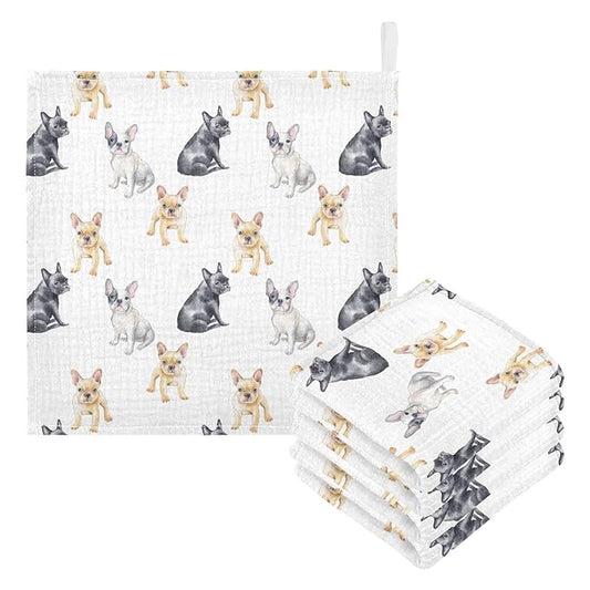 Baby Washcloths Cotton Pets French Bulldog Baby Muslin Washcloths Soft Baby Face Towel for Newborn Infants Baby Wipes, 11.8 X 11.8 Inch, 5 Pack