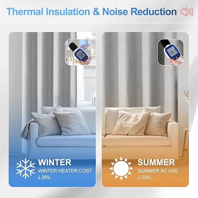 Linen 100% Blackout Curtains for Bedroom, Black Out Curtains 96 Inch Long, Room Darkening Curtains for Living Room, Long Curtain Grommets Drapes, Thermal Curtains (2 Panels, Greyish White)