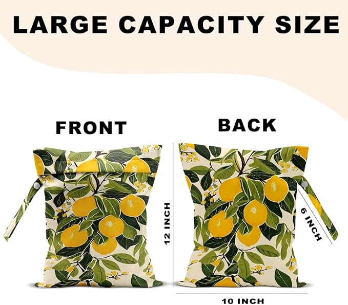 2Pcs Summer Lemon Wet Bag 12x10 Inch, Rustic Lemon Waterproof Travel Laundry Bags, Washable Reusable Wet Dry Bag for Swimsuit Beach Diapers Dirty Yoga Gym Clothes, Plant Gifts for Women Friend