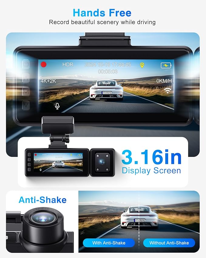 4K Dash Cam Front and Rear, 3 Channel Dash Camera with IMX335 Night Vision, WiFi GPS, Voice Control, 2K+1080P+1080P Dash Camera for Cars (64GB Card Included) Black
