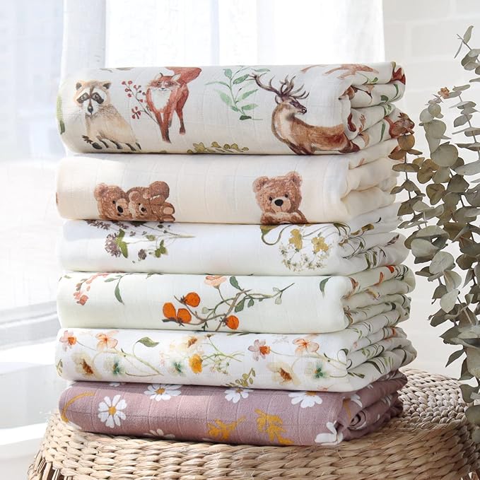 LifeTree Muslin Swaddle Blankets for Baby Girl, 2-Pack 70% Viscose from Bamboo and 30% Cotton Large Swaddle Blankets (47" x 47"), Floral & Dusty Pink Checkered