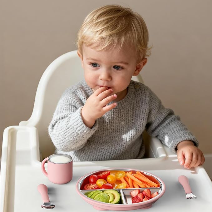 Bakpoco Stainless Steel Suction Plates for Toddlers, 8" Divided Kids Baby Plates with Removable Silicone Suction, Non Toxic Non Slip Portion Control Snack Dishes 3 Packs, Pink Beige Lilac