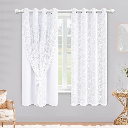 Yinhua Double Layer White Curtains for Living Room Blackout Curtains for Bedroom 84 Inch Length 2 Panels Set Kid Curtain with Tiebacks, Grommet Drapes with Floral Sheer Overlay, 52" W x 63" L