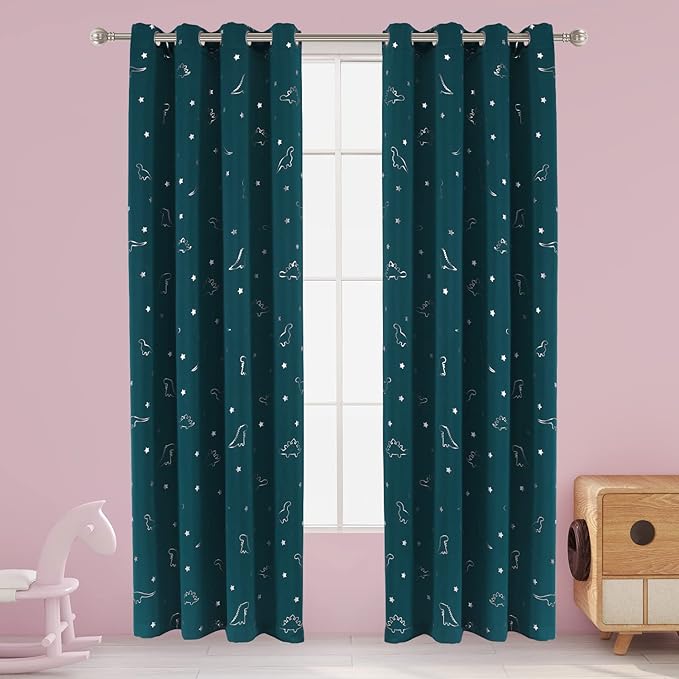 LORDTEX Dinosaur and Star Foil Print Blackout Curtains for Kids Room - Thermal Insulated Curtains Noise Reducing Window Drapes for Boys and Girls Bedroom, 52 x 95 Inch, Sapphire, Set of 2 Panels