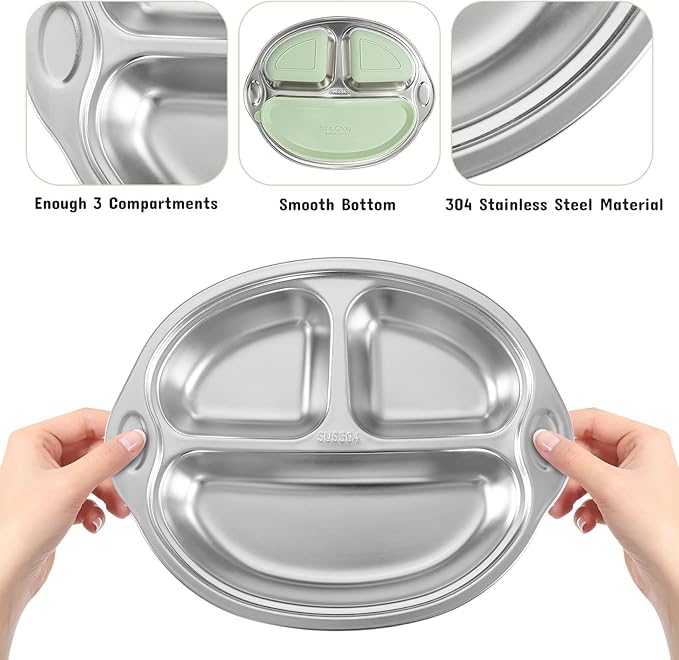 Mrs. Chou Stainless Steel Baby Suction Plates: Divided Plates for Babies and Toddlers, Made of 100% Food-Grade Materials Ideal for Baby-Led Weaning BPA-Free Toddler Feeding Dishwasher Safe Green
