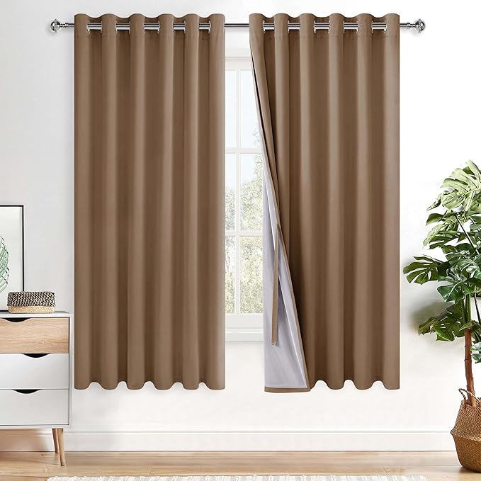 XWZO 100% Blackout Curtains 63 Inches Long - Privacy Protection & Noise Blocking Window Draperies Extra Wide Grommet Top with Black Liner for Bedroom/Living Room, Cappuccino, W70 x L63, Set of 2