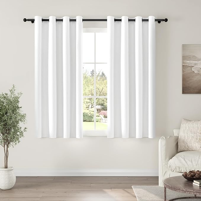 ChrisDowa 100% Blackout Pure White Solid Curtains 63 Inches Long 2 Panels for Bedroom Living Room,Farmhouse Room Darkening Thermal Insulated Soundproof Grommet Top Window Treatment Drapes,52x63