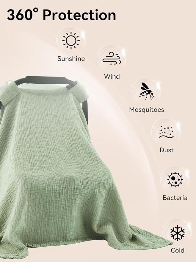 TILLYOU Baby Car Seat Cover, Breathable Muslin Cotton Infant Car Seat Cover, Lightweight Canopy with Sun and Bug Protection(Green)