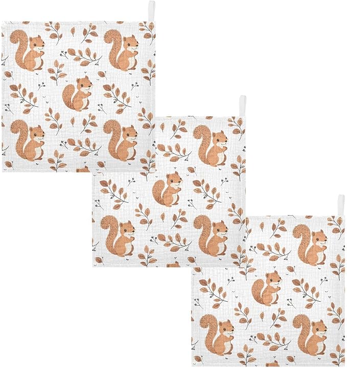 vvfelixl Baby Muslin Washcloths Cute Squirrel with Tail Baby Burp Cloths Cotton Babys Face Towel for Newborn Infants Boys Girls Soft and Absorbent 11.8 X 11.8 in, 3 Pack