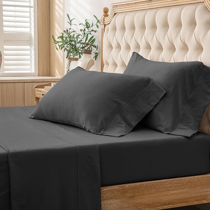 PURE ERA Jersey Knit 4pc Bed Sheet Set 100% T-Shirt Cotton Super Soft Comfy Breathable Fits Mattress Up to 20" Extra Deep Pocket (Solid Deep Grey, Queen)