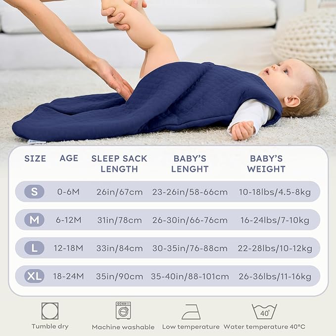 FIEMOL Baby Sleep Sack 0-6 Months 2.5 TOG, Winter Cotton Sleep Sacks Newborn and Infant, Warm Quilted Baby Wearable Blanket, Newborn Sleeping Bag with 2-Way Zipper Blue 1 Pack